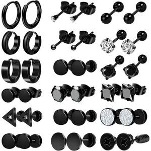 12/18 Pcs Mens Earrings Black Earrings for Men Stainless Steel Earrings